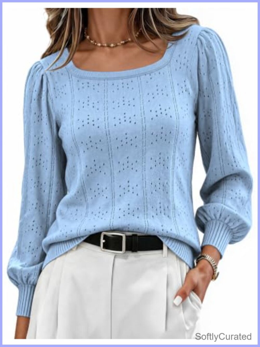 Women's Puff Sleeve Square Neck Tunic Pullover Knit Sweater